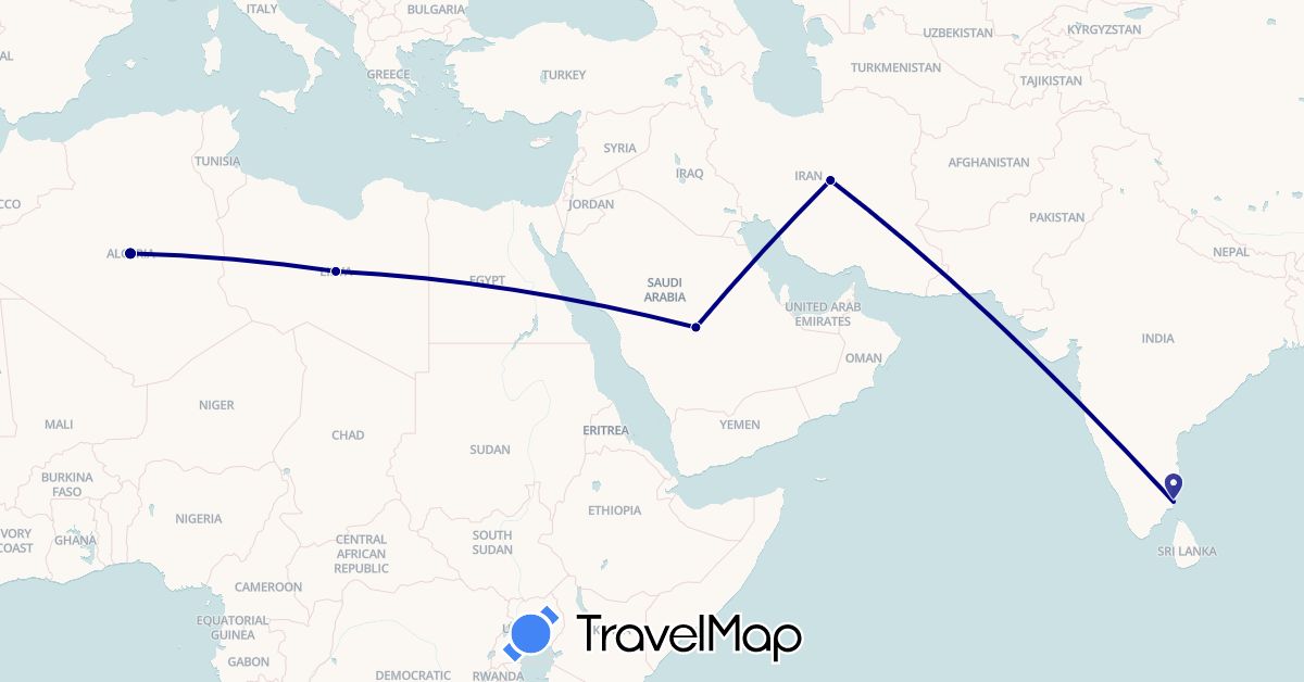 TravelMap itinerary: driving in Algeria, India, Iran, Libya, Saudi Arabia (Africa, Asia)